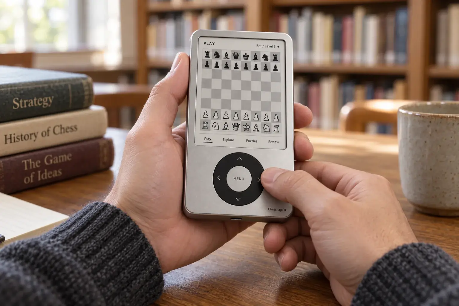 Concept render: a monochrome chess concept in a library