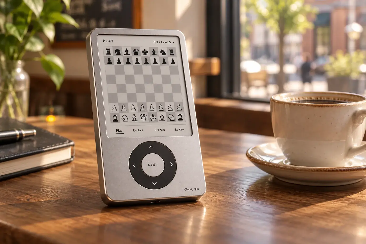 Concept render of the chess handheld beside a coffee in a café